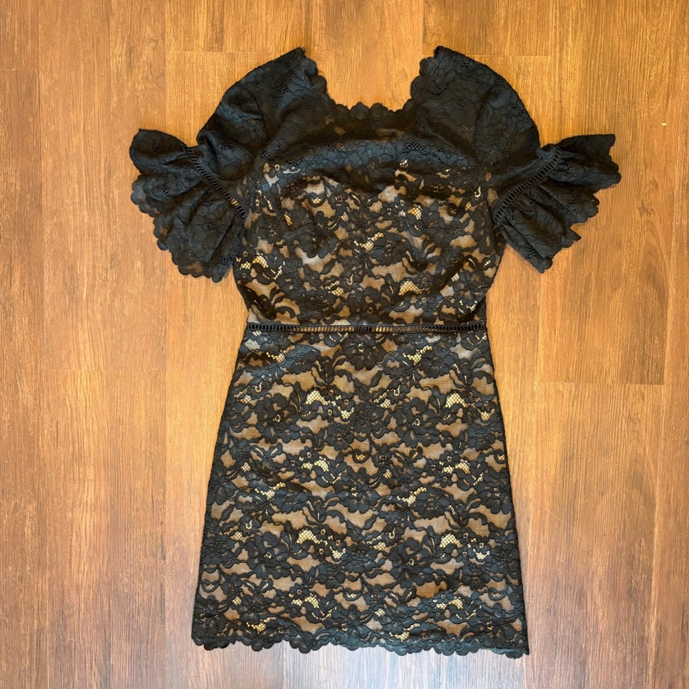 Rebecca Taylor Whimsigoth Silk Trim Black Corded Lace Sheath Cocktail Dress 4
